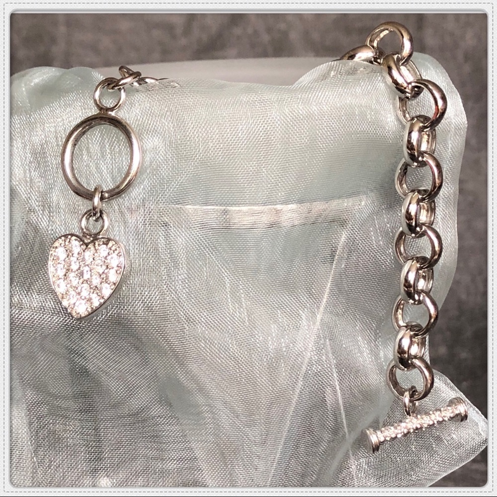 New STERLING SILVER ROLO LINK TOGGLE BRACELET with a CUBIC ZIRCONIA HEART CHARM